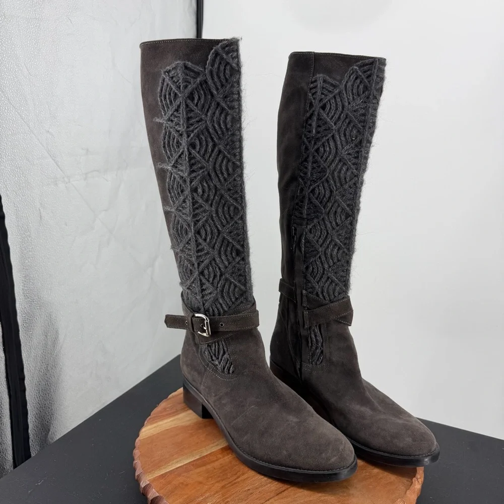 Napoleoni‎ suede knee-high boots sweater-knit embroidered shaft buckled strap 41
